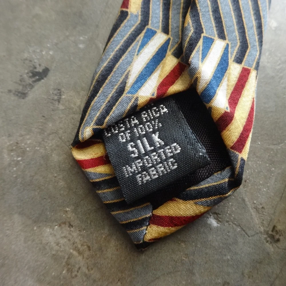 Bill Blass Black Label Silk Tie Black Red Yellow Blue Gold Grey Geometric Print